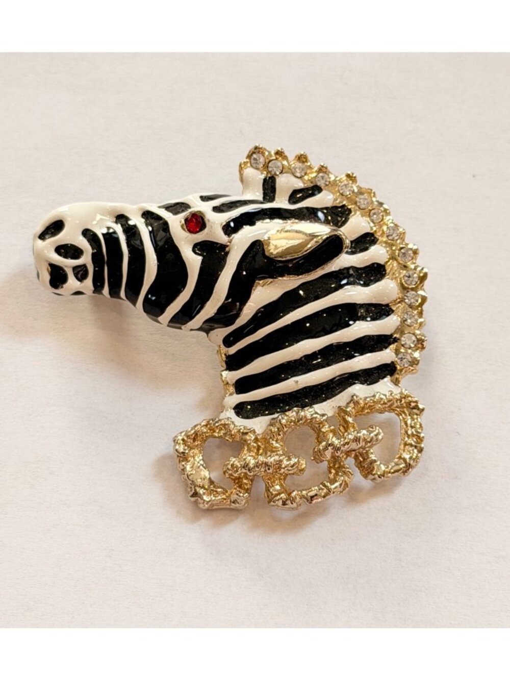 Zebra Head Brooch With Rhinestones & Gold-Tone Detailing 2-Inch Pin Black & Whit